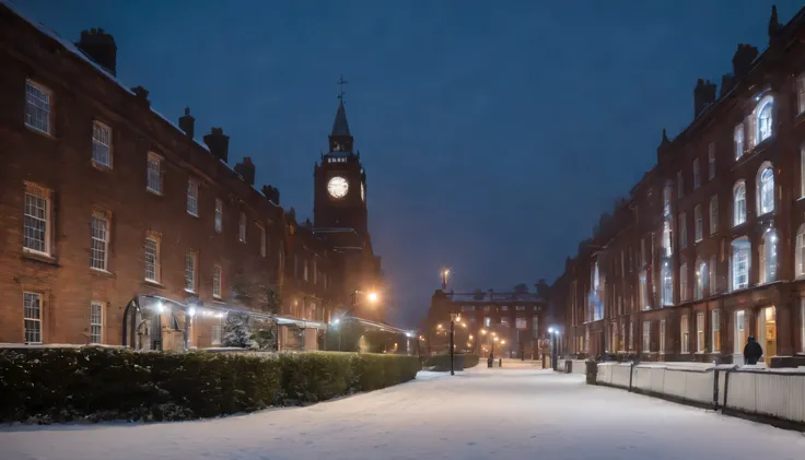 Cidade de Anfield durante o inverno, a neve cai em telhados cobertos por uma arquitetura imponente, creating a dystopian fairytale setting in the City of the Irish. As luzes cintilantes, reflected in white surfaces, give an aura of mystery and magic to the...