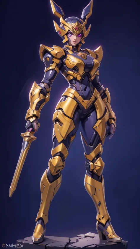 A woman adorned in fantasy-style full-body armor, a crown-concept fully enclosed helmet that unveils only her eyes, a composite layered chest plate, fully encompassing shoulder and hand guards, a lightweight waist armor, form-fitting shin guards, the overa...