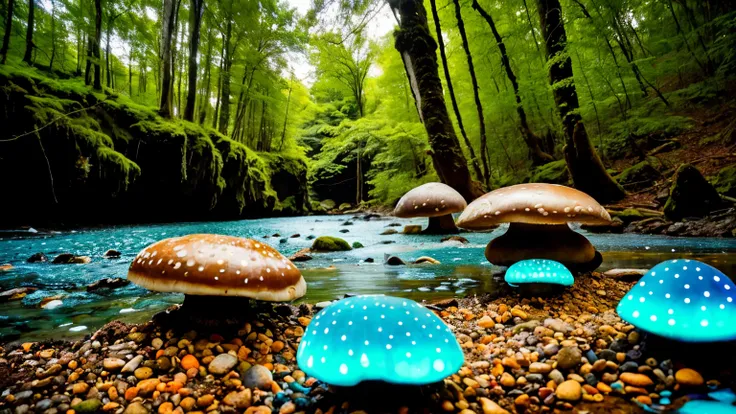 there are many lights on the rocks near the water, magical colors and atmosphere, magical landscape, glowing mushrooms, epic dreamlike fantasy landscape, giant fluorescent fungi, glowing blue mushrooms in mire, magical colors and atmosphere, impressive fan...