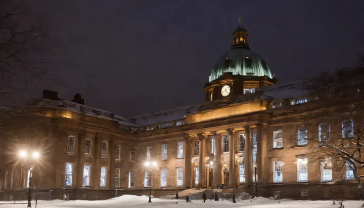 Cidade de Anfield durante o inverno, a neve cai em telhados cobertos por uma arquitetura imponente, creating a dystopian fairytale setting in the City of the Irish. As luzes cintilantes, reflected in white surfaces, give an aura of mystery and magic to the...