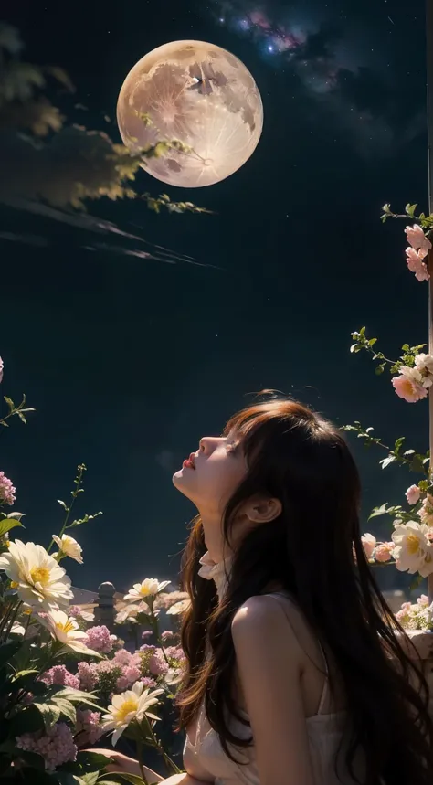 alone among flowers, View from bottom to top, Universe, galaxy, comet, full moon, Anime dinner, anime style,