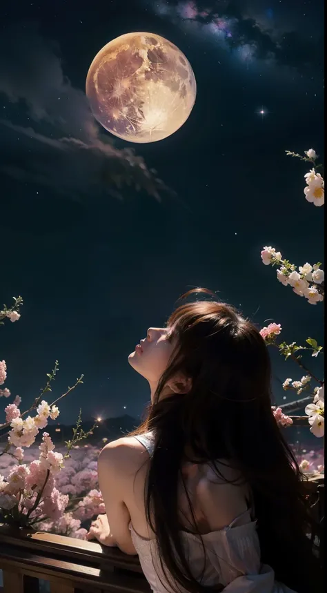 alone among flowers, View from bottom to top, Universe, galaxy, comet, full moon, Anime dinner, anime style,