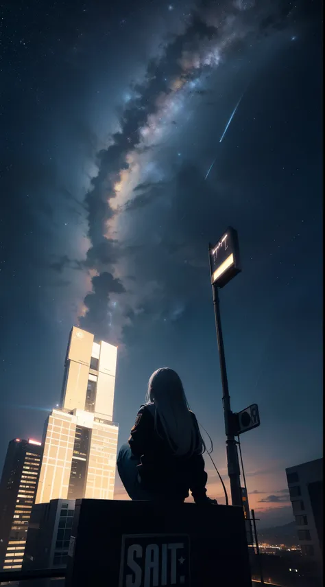 Octane number, Sky, Star (Sky), landscape, Starry Sky, night, only , night Sky, alone, outdoor, sign, building, cloud, Milky Way, sitting, tree, long hair, City, contour, Cityscape