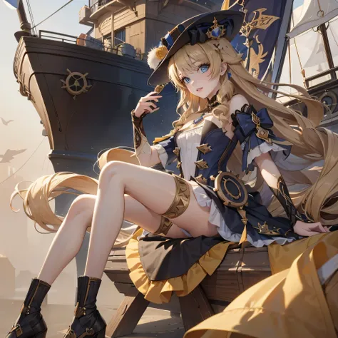 on the ship, there is a girl,. The girl has beautifully detailed eyes and a kind smile on her face....... The ship is made in steampunk style on a beige background.... The work must be of the highest quality.., be a masterpiece, and have high resolution de...