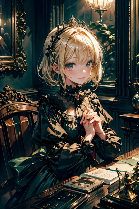 prompt: 8K resolution, delicate features, , single, unique students, shy smile, blonde, princess cut, Bow hair ornament, brooch, shiny dark green dress, lolita style, gothic style, join hands, facing the viewer, Otaku room, female imp