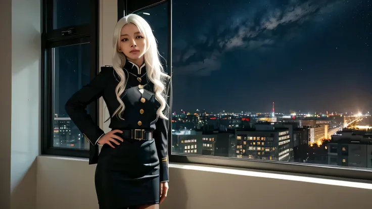 The girl in the office behind her has a window., at night, Highly detailed, military uniform, cosplay, black clothes color, hairขาว, hairยาวหยักศก, hairไหลช้า, soft light, at night, standing looking at the viewer, Friendly faces, marshal role cosplay, Euro...