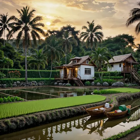 outdoortropicalhouse  little house  on riverside, garden, rice field, gold fish, coconut tree, dawn, chicken, tomato, tropical, ...