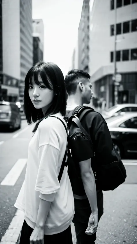 A man with short hair and a woman with long black hair are walking down the street.、Rear view、monochrome