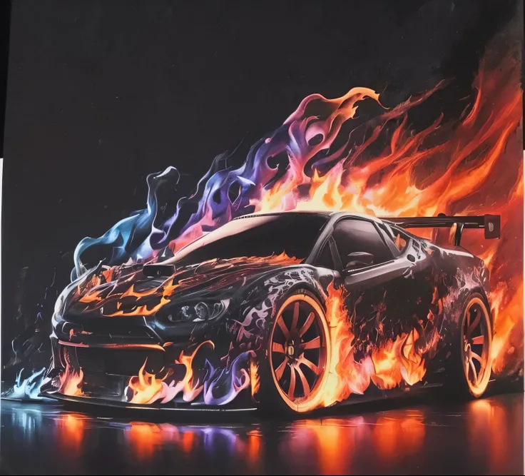 race car on fire, black background, dark colors, vibrant fire colors, realistic photo, high detailed, flames, 4k