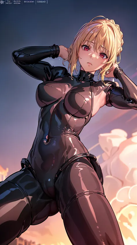 1 girl,NSFW,Artoria Pendragon ,(destiny), clavicle, glowing red eyes,absurd, empty eyes,empty eyes,  huge breasts,erasure of emotions, No expression,(black latex tight bodysuit),((look away)) , 背面figure, ((squat,spread your legs, arm behind head,UnderButt)...