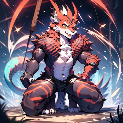 Artificial Intelligence Dragon Man，full body portrait，Furry wolf-headed man，A pair of dragon wings，black shorts，Liquid spilled，body fluids，gray skin，chemical and biological weapons，red stripes，sharp claws，fluid leaking from lower body，kneel，stick out your ...