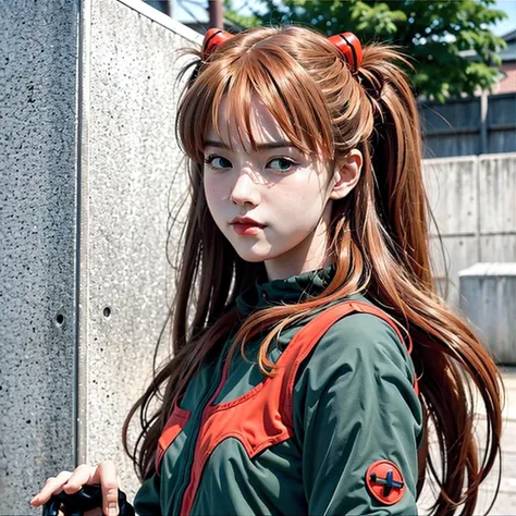 asuka langley evangelion, amazing woman, wear trendy clothes and use your phone confidently in a lively city.sexy,one person