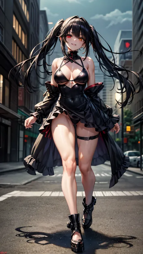 1 girl, Bare shoulders, black hair, medium breasts, wide hips, thin waist, (((look at the eyes))), {{{wearing a very short and sexy bikini}}}, naked, muscular legs, muscular belly, (((scene in the city at night walking down the street with people looking a...