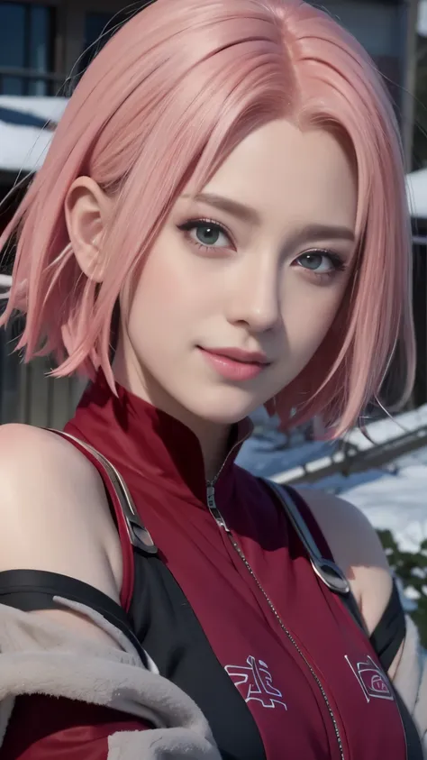 1female, haruno sakura in anime naruto shippuden, short hair , pink hair, green eyes, smile, beautiful, red clothes, realistic c...