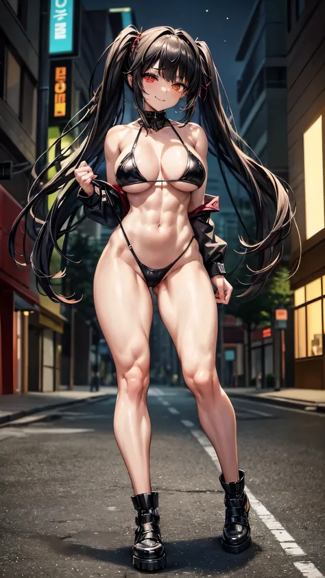 1 girl, Bare shoulders, black hair, medium breasts, wide hips, thin waist, (((look at the eyes))), {{{wearing a very short and sexy bikini}}}, naked, muscular legs, muscular belly, (((scenario in the city at night walking down the street with people lookin...