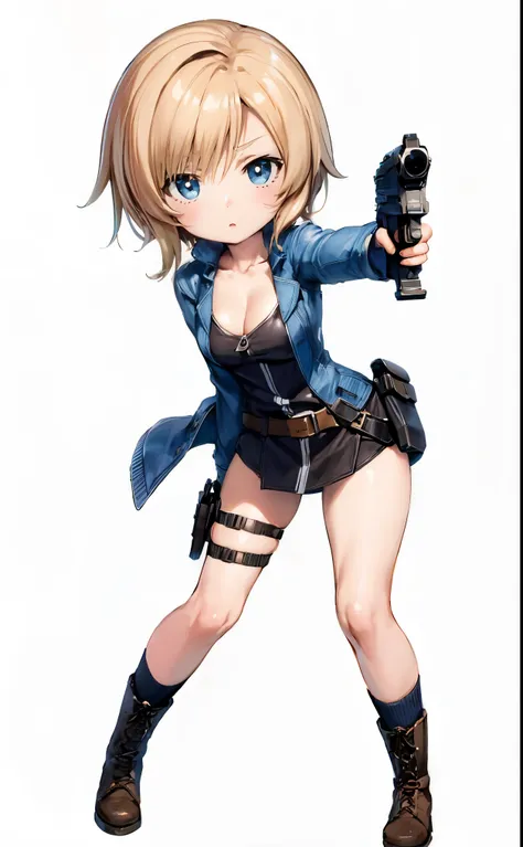 (chibi,cute:1.5),(best quality,8k:1.2),full body,1girl,solo,ayabrea,ash blond hair,blue eyes, detailed eyes, Upturned eyes,  (blush), parted lips, cleavage,[medium_breasts],((thick thighs)), aiming at viewer, holding pistol, handgun, shoot a gun ,standing,...