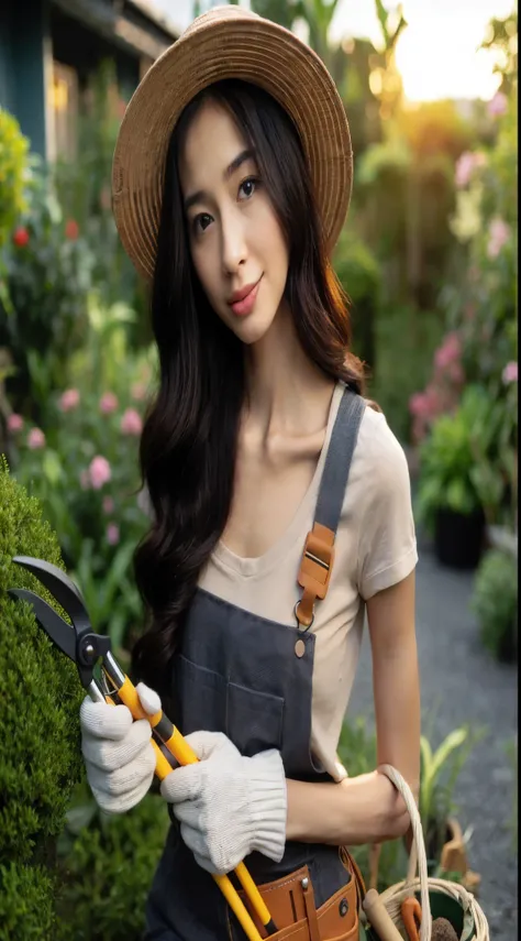 A beautiful asian girl gardening at the garden full of plants, 