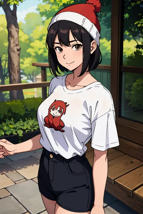 Best Quality, masutepiece, 1girl in, (Solo:1.1), Ray tracing, ultra-detailliert,Detailed face, 8K Wallpaper, wide hips, Smile, Fuuko Izumo NDV, 1girl in, Black hair, Brown eyes, Large breasts, Short hair, Red Beanie, White T-shirt, shortpants, plein air,ah...