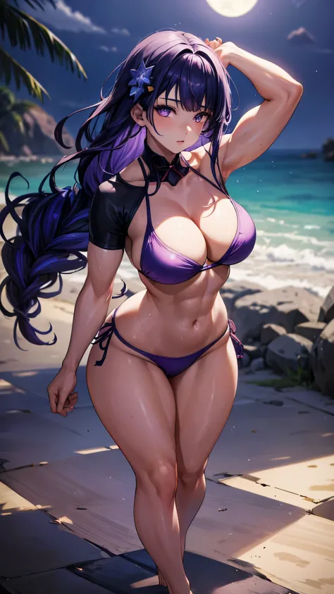 1 girl, alone, beautiful, (((thick muscular thighs))), thin arms, medium to large breasts, (((wearing a Purple bikini))), nails painted purple, (on the beach at night with a sky starry and a full moon in the sky), pure eyes, Realistic pupils, highly detail...