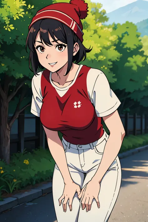 Best Quality, masutepiece, 1girl in, (Solo:1.1), Ray tracing, ultra-detailliert,Detailed face, 8K Wallpaper, wide hips, Smile, Fuuko Izumo NDV, 1girl in, Black hair, Brown eyes, Large breasts, Short hair, Red Beanie, White T-shirt, shortpants, plein air,ah...