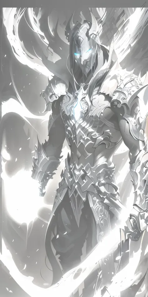 a close up of a black and white photo of a man with a sword, darksiders art style, demon soul concept art, darksiders style, diablo digital concept art, clothed in ethereal armor, demon noble character design, diablo concept art, heroic fantasy character c...