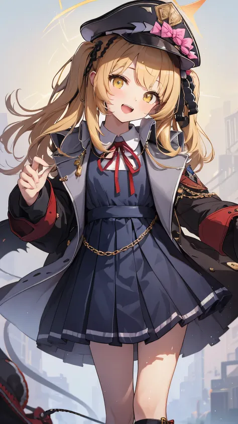 ibuki (official outfit) (blue archive),(happy),open mouth,long hair, bangs, twintails, hair ribbon, black ribbon, military hat, hat bow, demon wings, demon tail, demon horns, halo, white shirt, neck ribbon, red ribbon, black coat, open coat, sleeves past w...