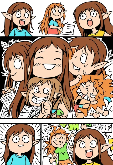 Hand drawn for children ,Doodle comics on paper,openness and discretion, Messy but organized,Bright colors、Strong contrast,simple, direct and brutal,personalization and expression, 20 year old girl, adventurous elf, beautiful and happy, brown hair and long...
