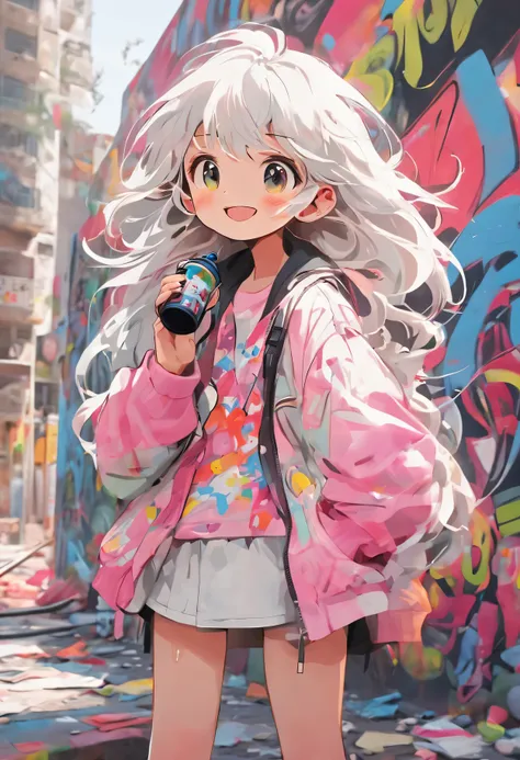 comic style，Lovely，girl，Permanently installed，graffiti wall，cartoon style，Lovely，rich and colorful，pleasure，outdoor environment，Art，interesting，full of imagination，Lovely，whimsical，expressive face，round eyes，white hair，Smile，Get the spray can，dripping pain...