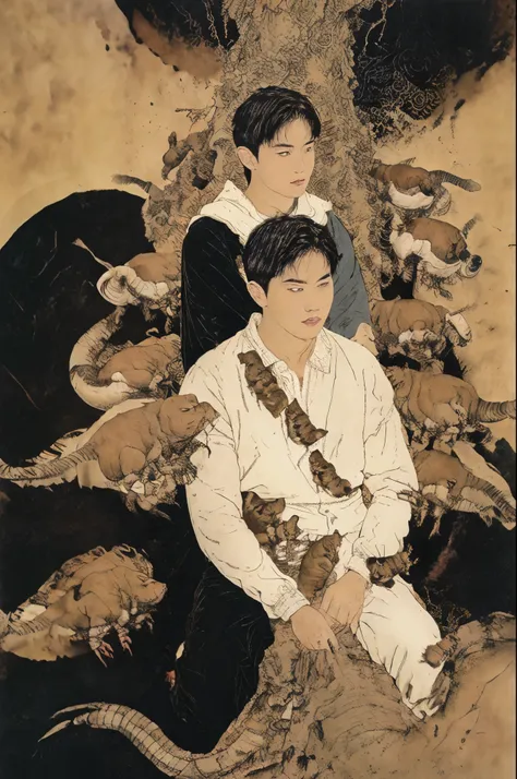 a man，A swarm of rats，sit cross-legged，short hair，Ancient costume