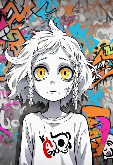  Graffiti caricatures，openness and discretion, Messy but organized,Bright colors、Strong contrast,simple, direct and brutal,personalization and expression,白色的hair, golden eyes,White clothes, look up, Upper body,hair,White skin,Side braids