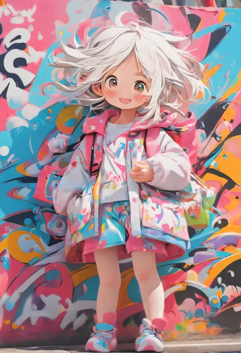 comic style，Lovely，girl，Permanently installed，graffiti wall，rich and colorful，pleasure，outdoor environment，Art，interesting，full of imagination，Lovely，whimsical，expressive face，round eyes，white hair，Smile，Get the spray can，dripping paint effect，city backgro...