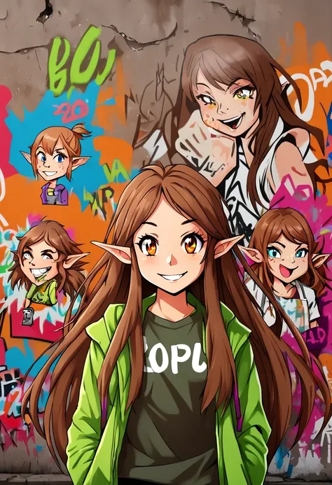  Graffiti caricatures，Publicity and casualness, Messy but organized,Bright colors and strong contrast,simple, direct and crude,Personalization and Expression， 20 year old girl, ((adventurous)) Elf, ((beautiful)) and ((happy)), ((brown hair)) and ((long hai...