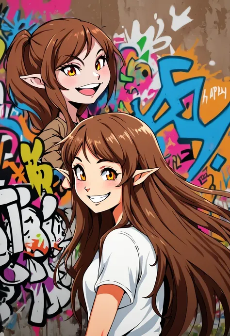  Graffiti caricatures，Publicity and casualness, Messy but organized,Bright colors and strong contrast,simple, direct and crude,Personalization and Expression， 20 year old girl, ((adventurous)) Elf, ((beautiful)) and ((happy)), ((brown hair)) and ((long hai...