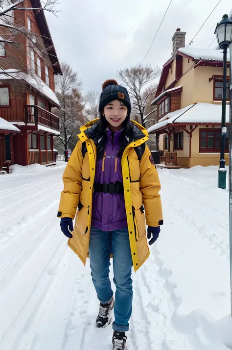 jinnytty, a woman wearing purple winter coat in the snow