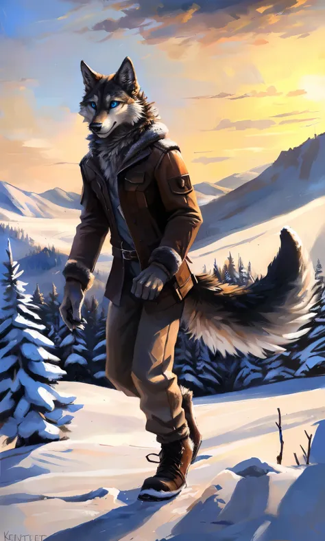 ((solo)), male people, anthro wolf, (multi-colored fur, white-brown:1.3，white tail pointed), (height 2.1m,tail length 1.2m), ((w...