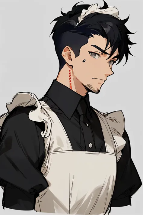 a drawing of a man in ((french maid dress)), concept upperbody art, ((black hair)), ((grey eyes)), undercut, stubble, bristle, male character design, trigger anime artstyle, detailed character portrait, rossdraws, anime style character, detailed character ...