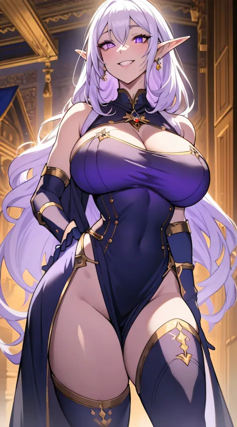 olga discordia, long white hair, long elf ears, dark elf, colored skin, blue skin, hair stick, bangs, violet eyes, solo, smiling, standing, upper body, hips, bare shoulders,purple thighhighs,violet dress, gold jewelry,armor,gloves,circlet, cleavage, red an...