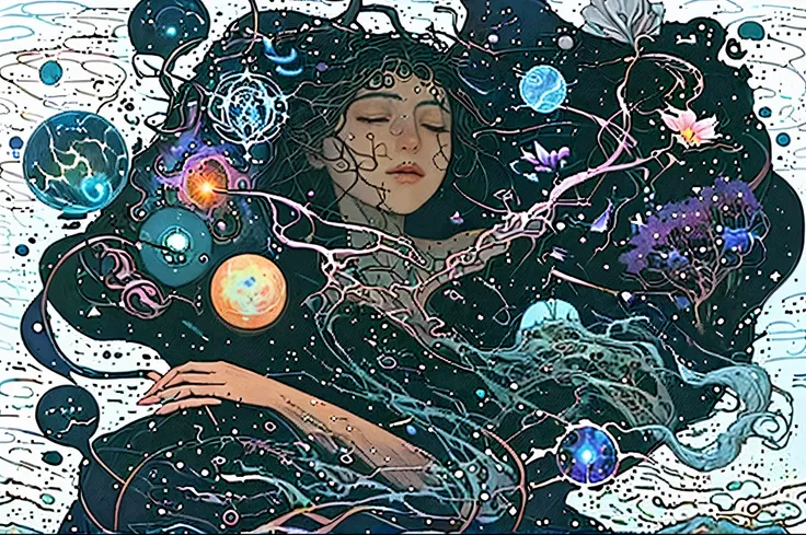 Diving Into The Ether Flowing with The Eternal Soul Through Vibration of love, everything is connected, Flowing energy, Spiritual, divine, dreamlike, cosmic, concept art, mind blowing, feminine beauty, god, pineal gland, dreamlikeart