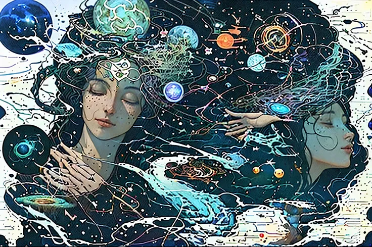 Diving Into The Ether Flowing with The Eternal Soul Through Vibration of love, everything is connected, Flowing energy, Spiritual, divine, dreamlike, cosmic, concept art, mind blowing, feminine beauty, god, pineal gland, dreamlikeart