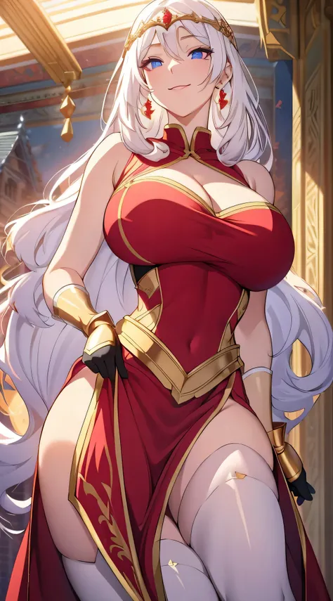 Lian, long white hair, hair stick, bangs, blue eyes, solo, smiling, standing, upper body, hips, bare shoulders,purple thighhighs, red dress, gold jewelry,armor,gloves,circlet, cleavage, red and gold royal castle, gigantic breasts, (best quality, masterpiec...