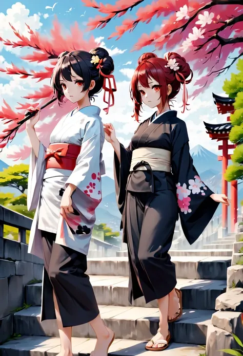 Graffiti漫画，Graffiti, wall, whole picture, High resolution and high contrast,simple,((masterpiece,最OK质量)),2 girls, black kimono, black pantyhose, black ribbon, black hair, 樱flower, Sky, flower, OK, hair ribbon, japanese clothes, kimono, long hair, looking a...