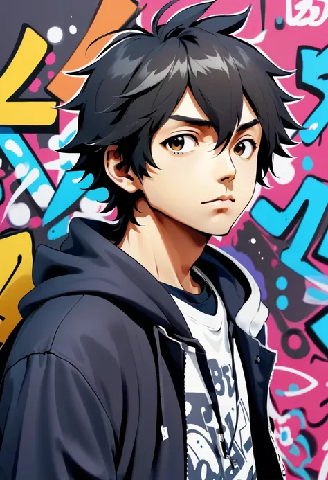 Graffiti漫画，Graffiti, wall, whole picture, High resolution and high contrast,simple,role assistant, anime style numbers, (close up) male character portrait, Shigeru Miyamoto&#39;artwork, loish and wop