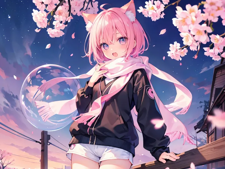 Very beautiful and shining eyes、shining eyes、stinky eyes、1 girl、small breasts、big mouth、small breasts、Cat ear、Transparent pink short hair、scarf、hot pants、Near future、neon、ball of light、young 、childish clothes、Cherry blossoms at night