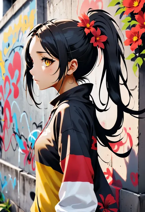 graffiti漫画，graffiti, wall, whole picture, high resolution and high contrast,simple,i, alone, 1 girl, yellow_student, +_+, black_...