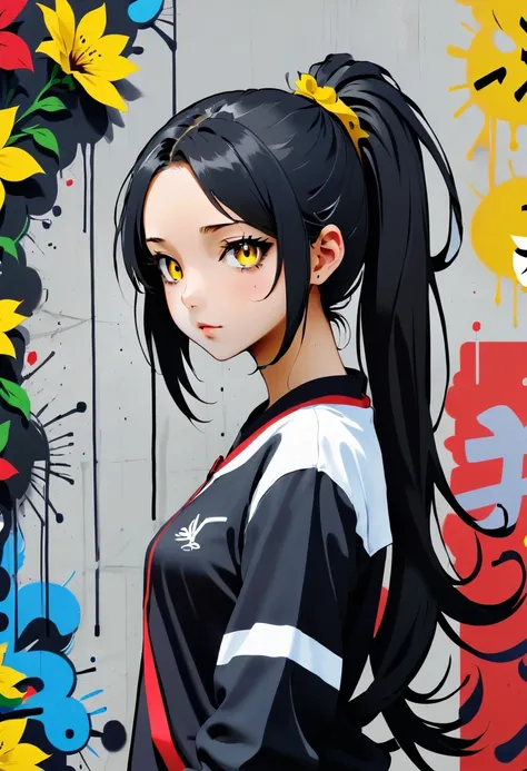 Graffiti漫画，Graffiti, wall, whole picture, High resolution and high contrast,simple,I, alone, 1 girl, yellow_student, +_+, Black_hair, High_ponytail, Red_flower_hair_decorate