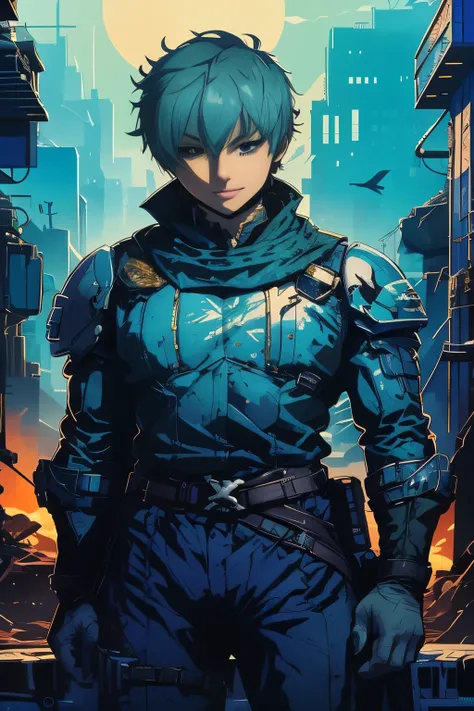 un primer plano de una persona con un traje azul parada en una ciudad, Cyberpunk hero, cyberpunk comic cover art, makoto shinkai ( legends of the apex ), arte del anime ciberpunk, anime ciberpunk moderno, dressed in sci-fi military armor, vaquero del ciber...