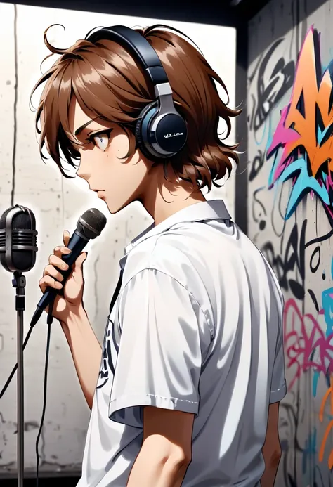 Graffiti漫画，Graffiti, wall, whole picture, High resolution and high contrast,simple,masterpiece, best quality, super detailed, illustration,, Recording studio, alone, microphone, earphone, actual, brown hair, shirt, cable, white shirt, from behind, micropho...