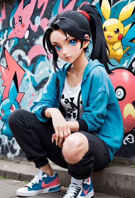 Graffiti漫画，Graffiti, wall, whole picture, High resolution and high contrast,simple,1 girl, alone, masterpiece, the best_quality, photo shoot, looking at camera, young adult gadwa, tired expression, Pokemon, Pokemon (game), game freak, Nintendo, (porcelain ...