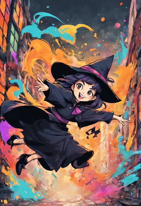 (best quality,high resolution:1.2),Extremely detailed cute witch flying in doodle cartoon,Ink illustration style,expressive face,floating in the air,Blurred color background,Playful dynamic lines,street art atmosphere,bold colors,dim lights,Full of energy ...