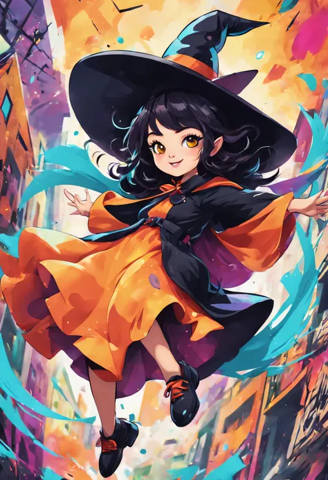 (best quality,high resolution:1.2),Extremely detailed cute witch flying in doodle cartoon,Ink illustration style,expressive face,floating in the air,Blurred color background,Playful dynamic lines,bold colors,Full of energy and vitality.